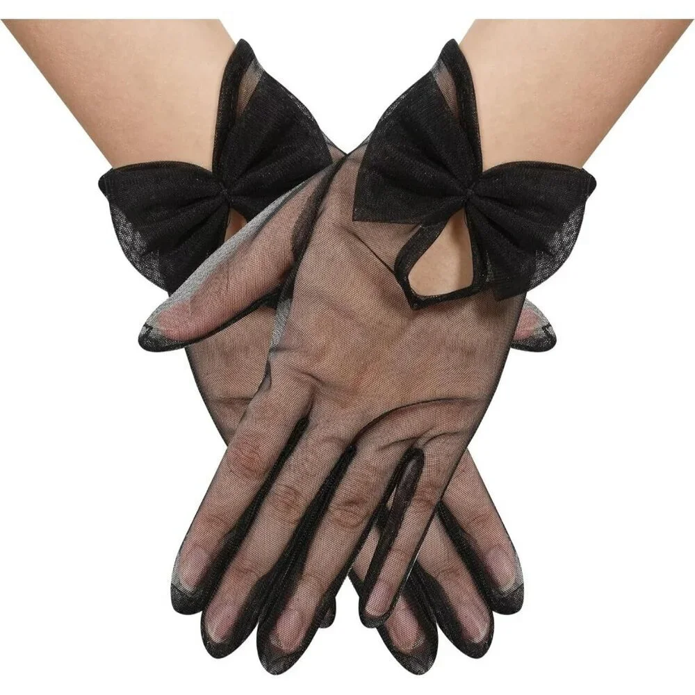 Women's Bow Black Evening Sheer Tulle Short Length Gloves Wrist Tea Party Prom